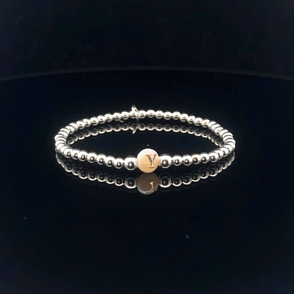 925 Sterling Silver Beaded Stretch Stacking Bracelet MOP Letter Initial Y